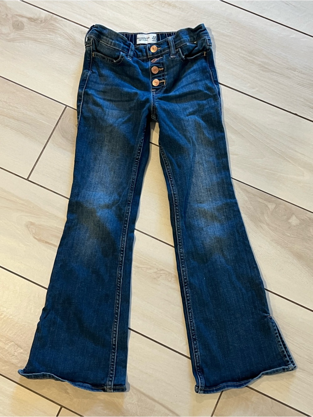 Abercrombie High Rise Flare Jeans Elastic Waist Blue Faux Button Fly Girls 9/10